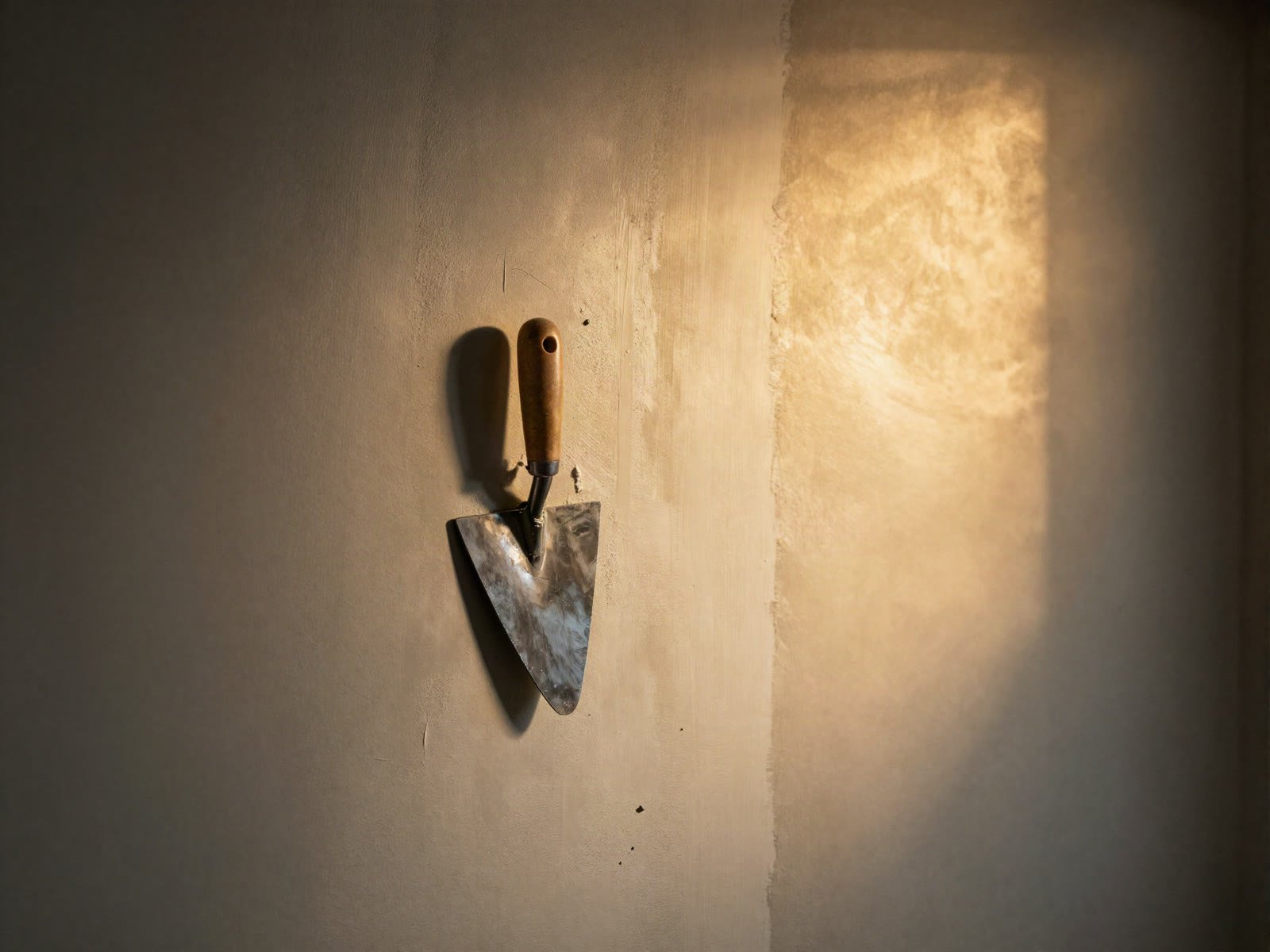 A finishing trowel resting against a freshly finished drywall wall in golden light